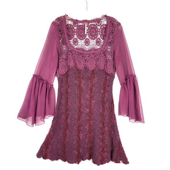 Free People Tops - Free People Womens Aurora Tunic Top Crochet Size Small Burgundy Wool Distressed